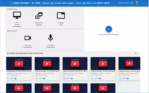 SCREEN RECORDER MY SPACE. Capture Screen  Camera. Share via GOOGLE DRIVE  from Chrome web store to be run with OffiDocs Chromium online
