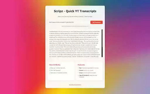 Scripz YouTube Transcript Viewer from Chrome web store to be run with OffiDocs Chromium online Scripz YouTube Transcript Viewer from Chrome web store to be run with OffiDocs Chromium online