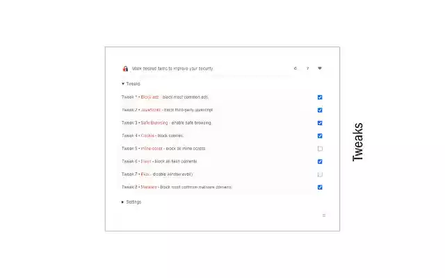 Security Tweaks from Chrome web store to be run with OffiDocs Chromium online Security Tweaks from Chrome web store to be run with OffiDocs Chromium online