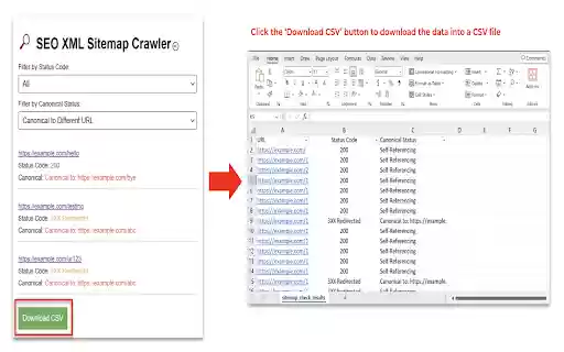 SEO XML Sitemap Crawler (Status Code  Canonical Tag)  from Chrome web store to be run with OffiDocs Chromium online