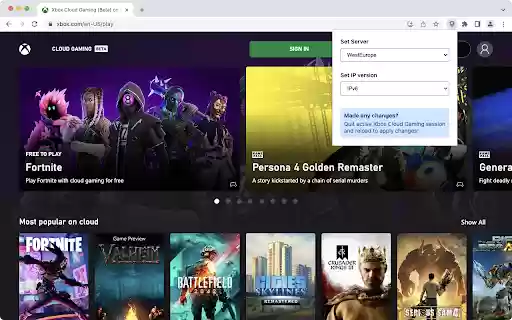 Server Selector for Xbox Cloud Gaming  from Chrome web store to be run with OffiDocs Chromium online