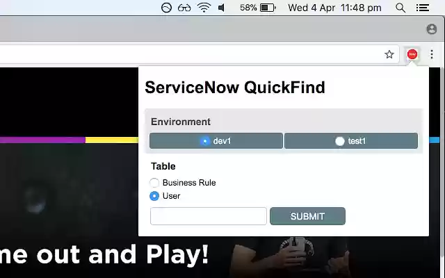 ServiceNow Quickfind  from Chrome web store to be run with OffiDocs Chromium online
