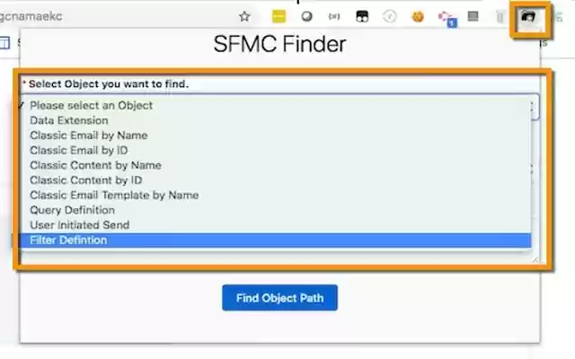 SFMC OBJECT FINDER from Chrome web store to be run with OffiDocs Chromium online SFMC OBJECT FINDER from Chrome web store to be run with OffiDocs Chromium online
