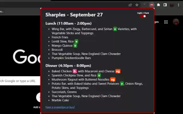 Sharples Menu  from Chrome web store to be run with OffiDocs Chromium online