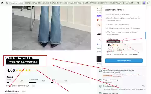 SHEIN.com review export csv tool  from Chrome web store to be run with OffiDocs Chromium online
