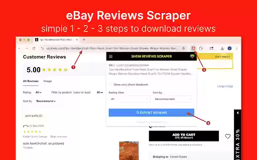 SHEIN Reviews Scraper Extract SHEIN Reviews to CSV/Excel/JSON  from Chrome web store to be run with OffiDocs Chromium online