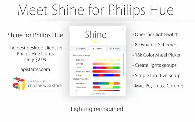 Shine for Philips Hue from Chrome web store to be run with OffiDocs Chromium online Shine for Philips Hue from Chrome web store to be run with OffiDocs Chromium online