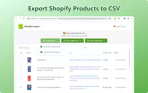 Shopify Scraper Export Shopify Product to CSV  from Chrome web store to be run with OffiDocs Chromium online