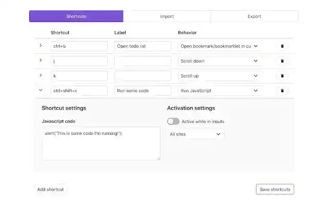 Shortkeys (Custom Keyboard Shortcuts)  from Chrome web store to be run with OffiDocs Chromium online