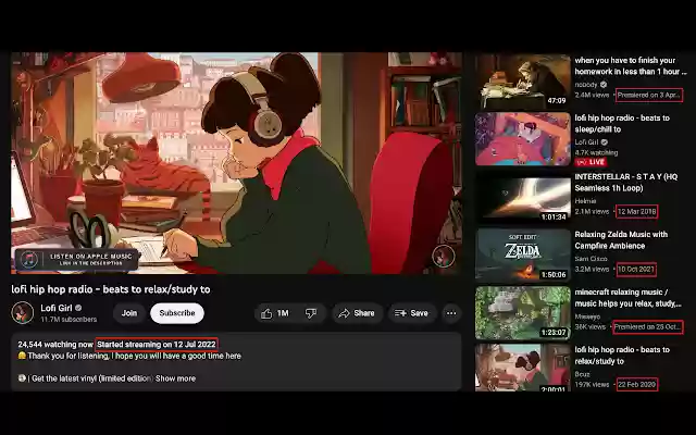 OffiDocs Chromium オンラインで実行される Chrome ウェブストアからの YouTube ビデオのアップロード日を表示します