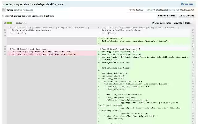 Side by side diff view in Githubin Chrome with
