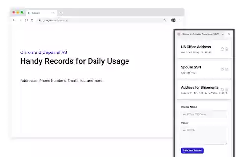Simple In Browser Database (SIBD)  from Chrome web store to be run with OffiDocs Chromium online