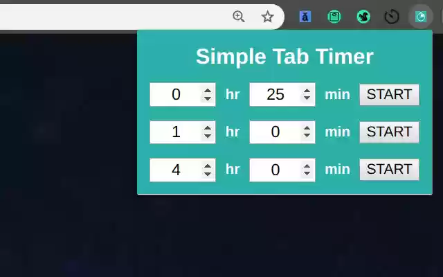 Simple Tab Timer from Chrome web store to be run with OffiDocs Chromium online Simple Tab Timer from Chrome web store to be run with OffiDocs Chromium online