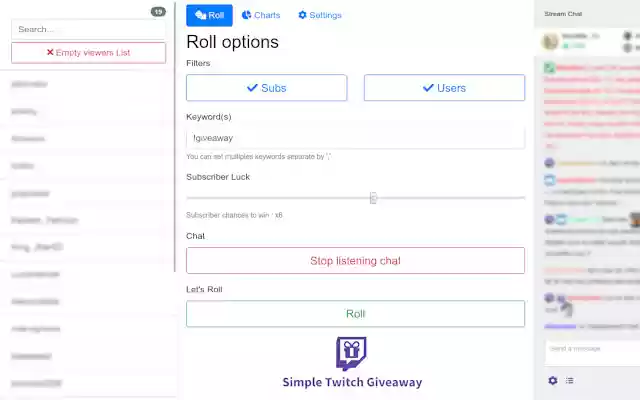 Simple Twitch Giveaways from Chrome web store to be run with OffiDocs Chromium online Simple Twitch Giveaways from Chrome web store to be run with OffiDocs Chromium online
