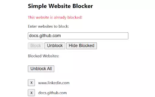 Simple Website Blocker  from Chrome web store to be run with OffiDocs Chromium online