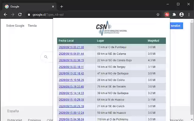 Sismos Chile from Chrome web store to be run with OffiDocs Chromium online Sismos Chile from Chrome web store to be run with OffiDocs Chromium online