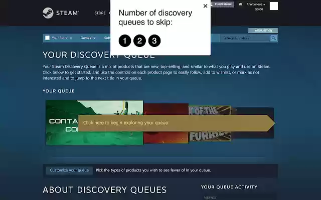 Skip Steam discovery queues  from Chrome web store to be run with OffiDocs Chromium online