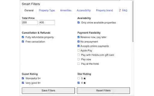Smart Filters for Hotels  from Chrome web store to be run with OffiDocs Chromium online
