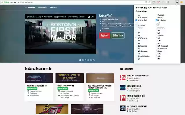 smash.gg Tournament Filter from Chrome web store to be run with OffiDocs Chromium online smash.gg Tournament Filter from Chrome web store to be run with OffiDocs Chromium online