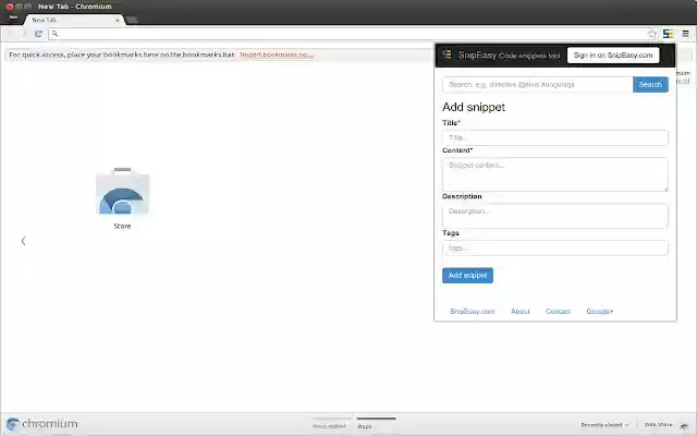 SnipEasy Share code snippets from Chrome web store to be run with OffiDocs Chromium online SnipEasy Share code snippets from Chrome web store to be run with OffiDocs Chromium online