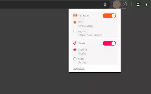 Social Switch: Anonymous Instagram and TikTok from Chrome web store to be run with OffiDocs Chromium online Social Switch: Anonymous Instagram and TikTok from Chrome web store to be run with OffiDocs Chromium online