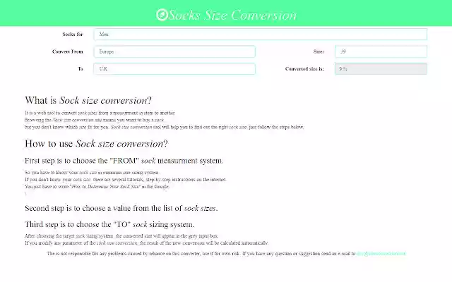 Socks Size Conversion  from Chrome web store to be run with OffiDocs Chromium online