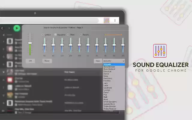 Еквалайзер звуку з підсилювачем низьких частот і жанрами з веб-магазину Chrome, який можна запускати за допомогою OffiDocs Chromium онлайн