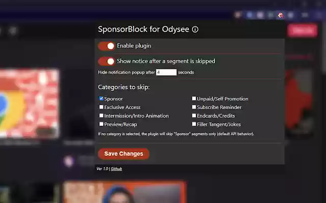 SponsorBlock for Odysee  from Chrome web store to be run with OffiDocs Chromium online