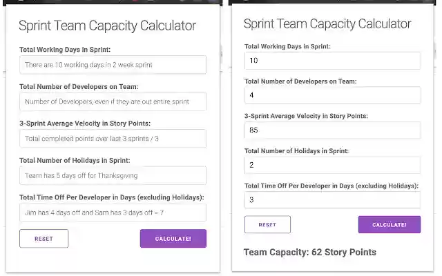 Sprint Team Capacity Calculator  from Chrome web store to be run with OffiDocs Chromium online