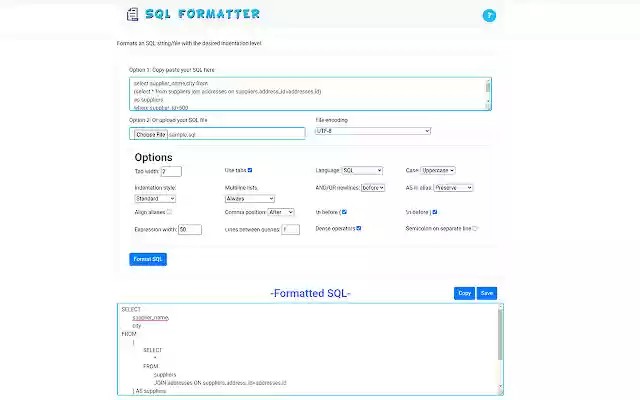 SQL Formatter  from Chrome web store to be run with OffiDocs Chromium online