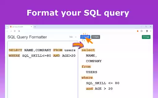 SQL Query Formatter from Chrome web store to be run with OffiDocs Chromium online SQL Query Formatter from Chrome web store to be run with OffiDocs Chromium online