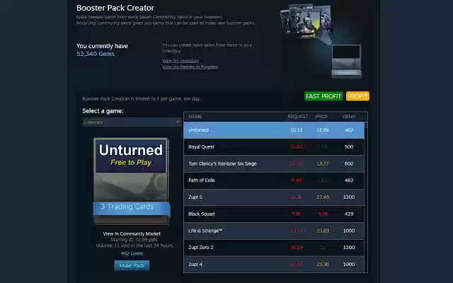 Steam Booster packs Creator Helper  from Chrome web store to be run with OffiDocs Chromium online