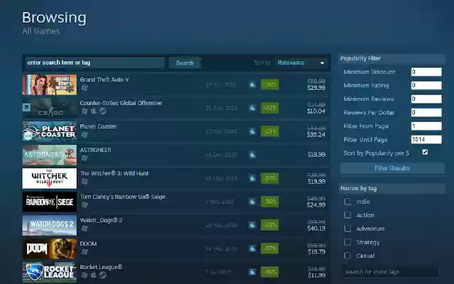 מסנן פופולריות Steam מחנות האינטרנט של Chrome להפעלה עם OffiDocs Chromium באינטרנט