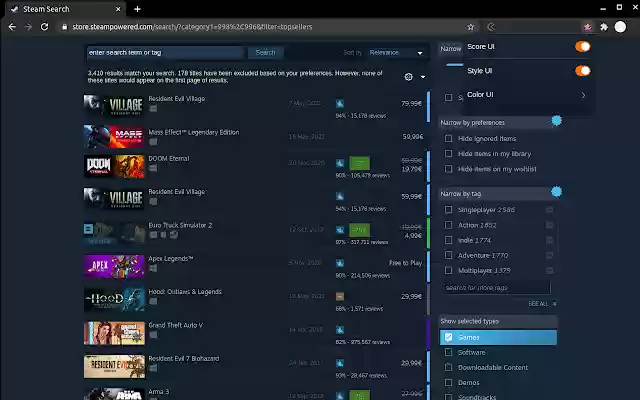 Steam UI reviews  from Chrome web store to be run with OffiDocs Chromium online