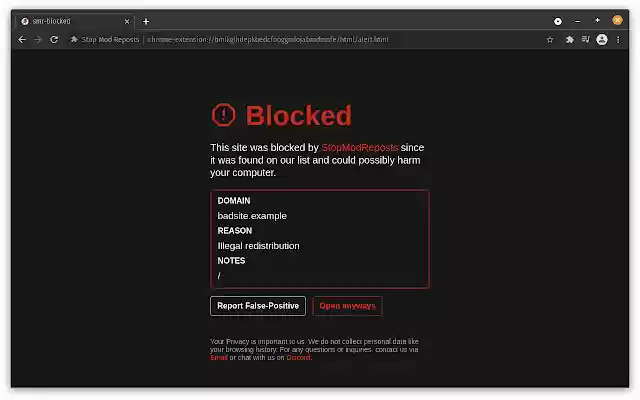 Stop Mod Reposts  from Chrome web store to be run with OffiDocs Chromium online