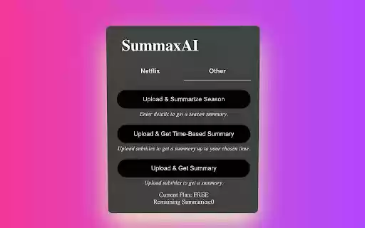 Summax AI: Summarize Netflix movies/shows up to current playback time  from Chrome web store to be run with OffiDocs Chromium online