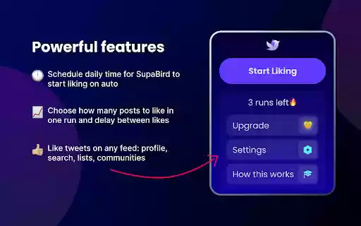 SupaBird Grow Your Twitter With Auto Likes and Viral Posts  from Chrome web store to be run with OffiDocs Chromium online