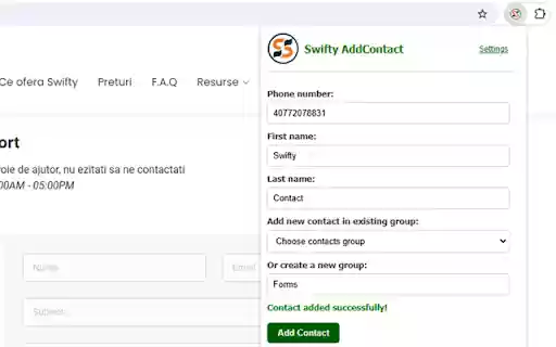 Swifty AddContact  from Chrome web store to be run with OffiDocs Chromium online