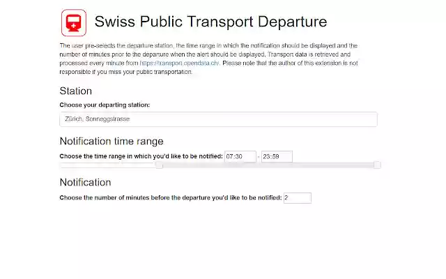 Swiss Public Transport Departure from Chrome web store to be run with OffiDocs Chromium online Swiss Public Transport Departure from Chrome web store to be run with OffiDocs Chromium online