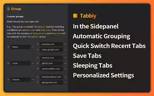 Tabbiy Tab Auto Grouping Expert  from Chrome web store to be run with OffiDocs Chromium online