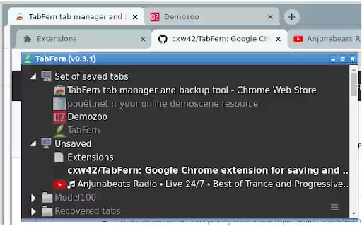 TabFern tab manager and backup tool  from Chrome web store to be run with OffiDocs Chromium online