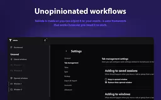 Tabiola: Manage Tabs, Groups, Windows  Sessions  from Chrome web store to be run with OffiDocs Chromium online