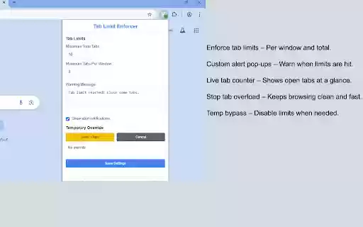 Tab Limit Enforcer from Chrome web store to be run with OffiDocs Chromium online Tab Limit Enforcer from Chrome web store to be run with OffiDocs Chromium online