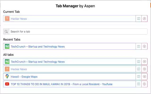 Tab Manager by Aspen  from Chrome web store to be run with OffiDocs Chromium online