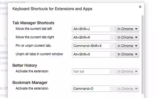 Tab Manager Shortcuts  from Chrome web store to be run with OffiDocs Chromium online
