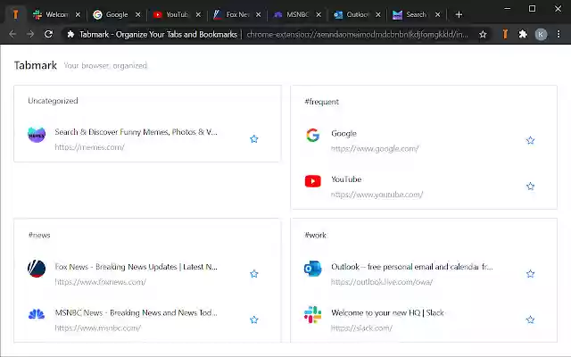 Tabmark Atur Tab dan Bookmark Anda dari toko web Chrome untuk dijalankan dengan OffiDocs Chromium online