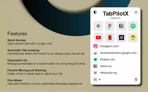 TabPilotX A Simple Tab Manager  from Chrome web store to be run with OffiDocs Chromium online