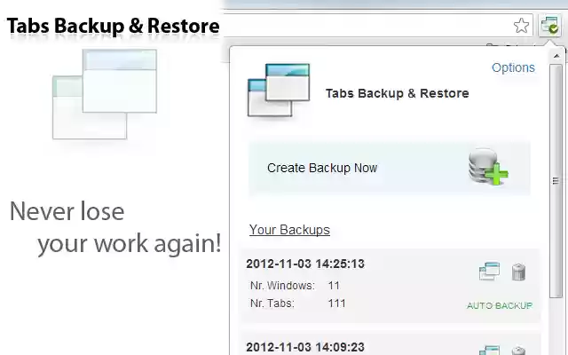 Tabs Backup  Restore, Tom  from Chrome web store to be run with OffiDocs Chromium online