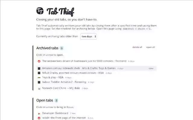 Tab Thief Archive old tabs from Chrome web store to be run with OffiDocs Chromium online Tab Thief Archive old tabs from Chrome web store to be run with OffiDocs Chromium online