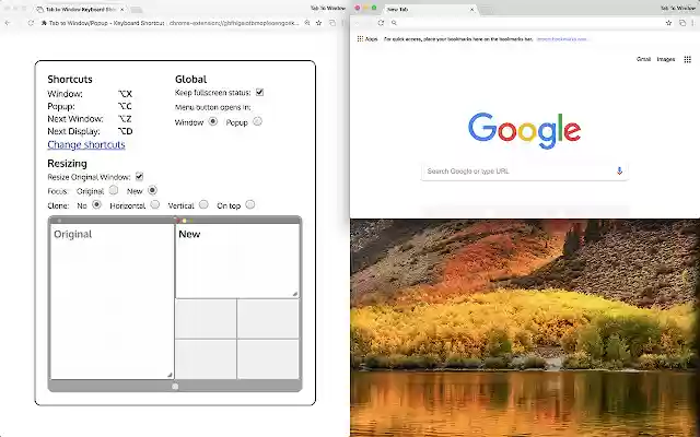 Tab to Window/Popup Keyboard Shortcut  from Chrome web store to be run with OffiDocs Chromium online